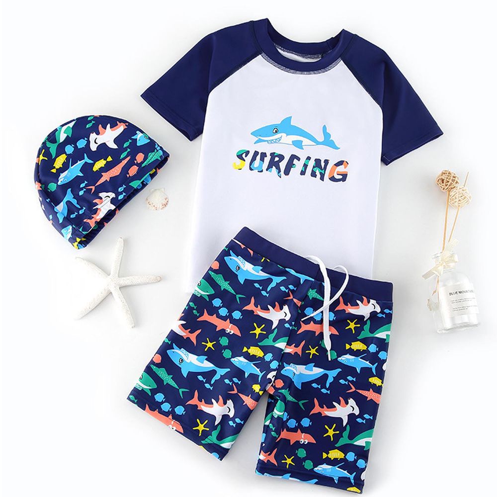 男寶短袖泳裝套裝-微笑鯊魚-深藍+白