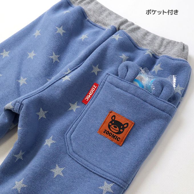 日本 ZOOLAND - 熊耳口袋滿版星星裏毛長褲-卡其