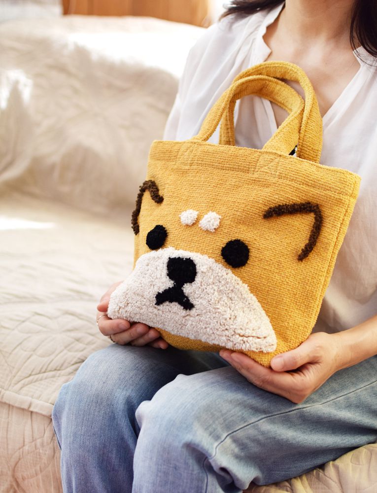 日本 TOMO - 可愛動物刺繡帆布包/提袋-柴犬-芥末 (29×21×D10cm)