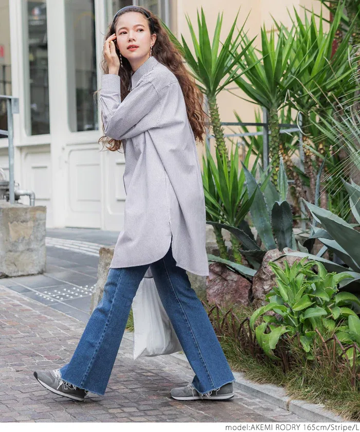 日本 COCA - 簡約落肩翻領長袖襯衫-條紋-水藍