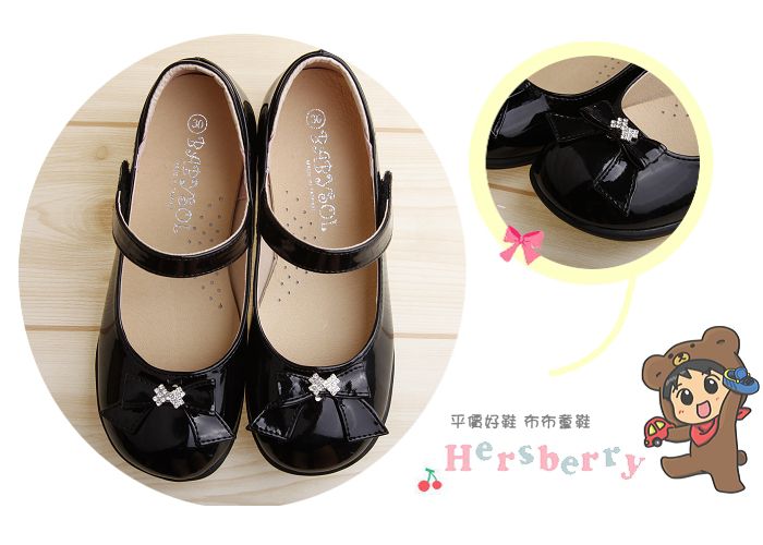 典雅淑女風格蝴蝶結鑽飾亮黑色公主鞋