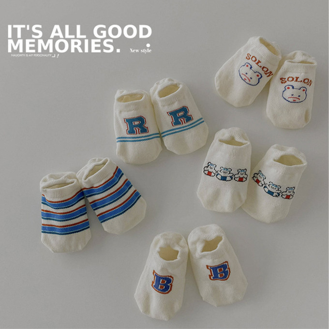 love, charlotte - 卡通小熊條紋字母網眼隱形棉襪-5 雙一組