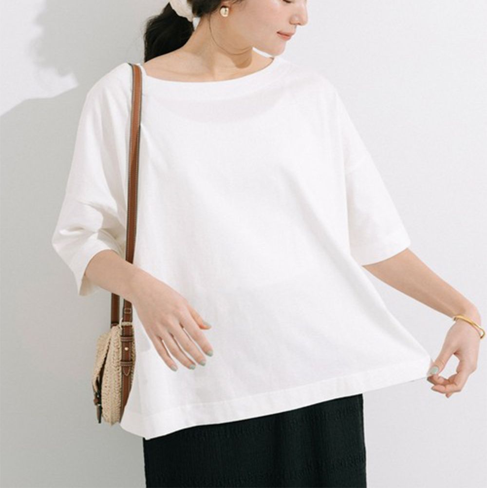 100%棉 寬版船領五分袖上衣-白