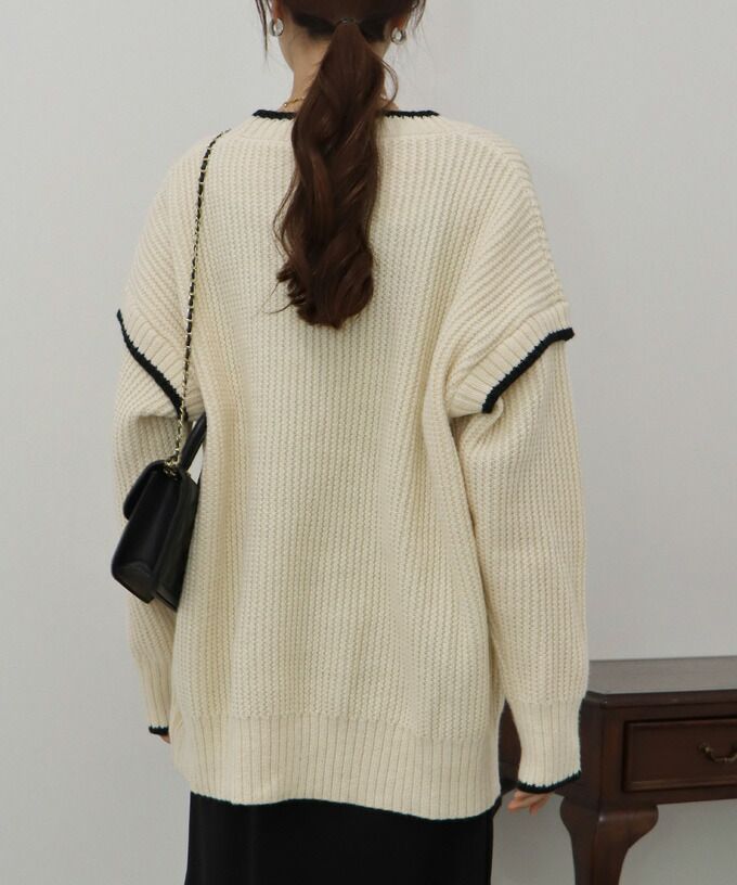 日本 BLUE EAST - 撞色滾邊落肩針織毛衣-米白