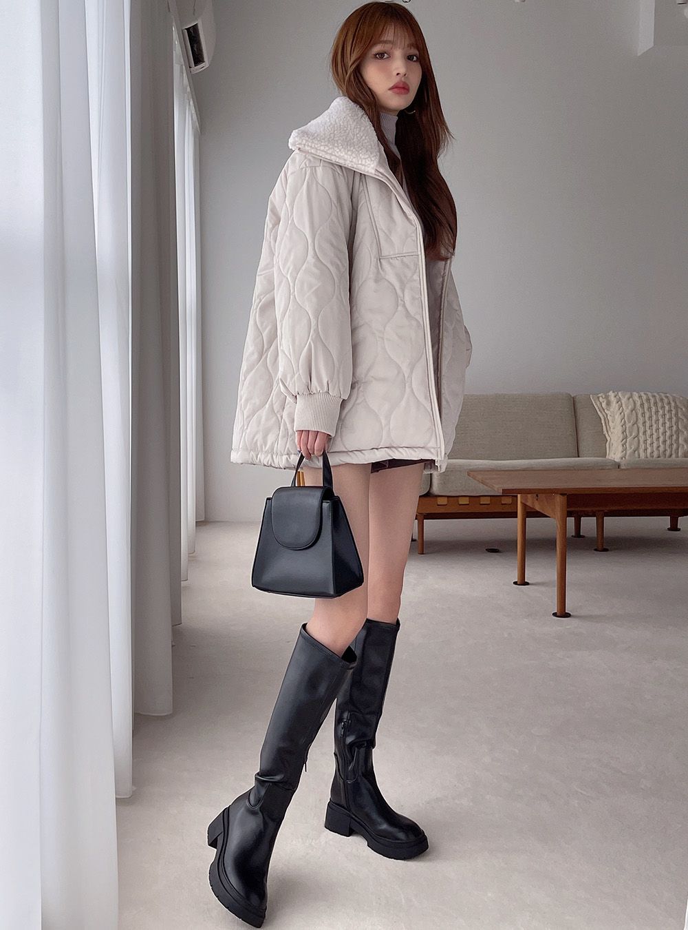 日本 GRL - 絎縫翻領鋪棉保暖外套/大衣-黑