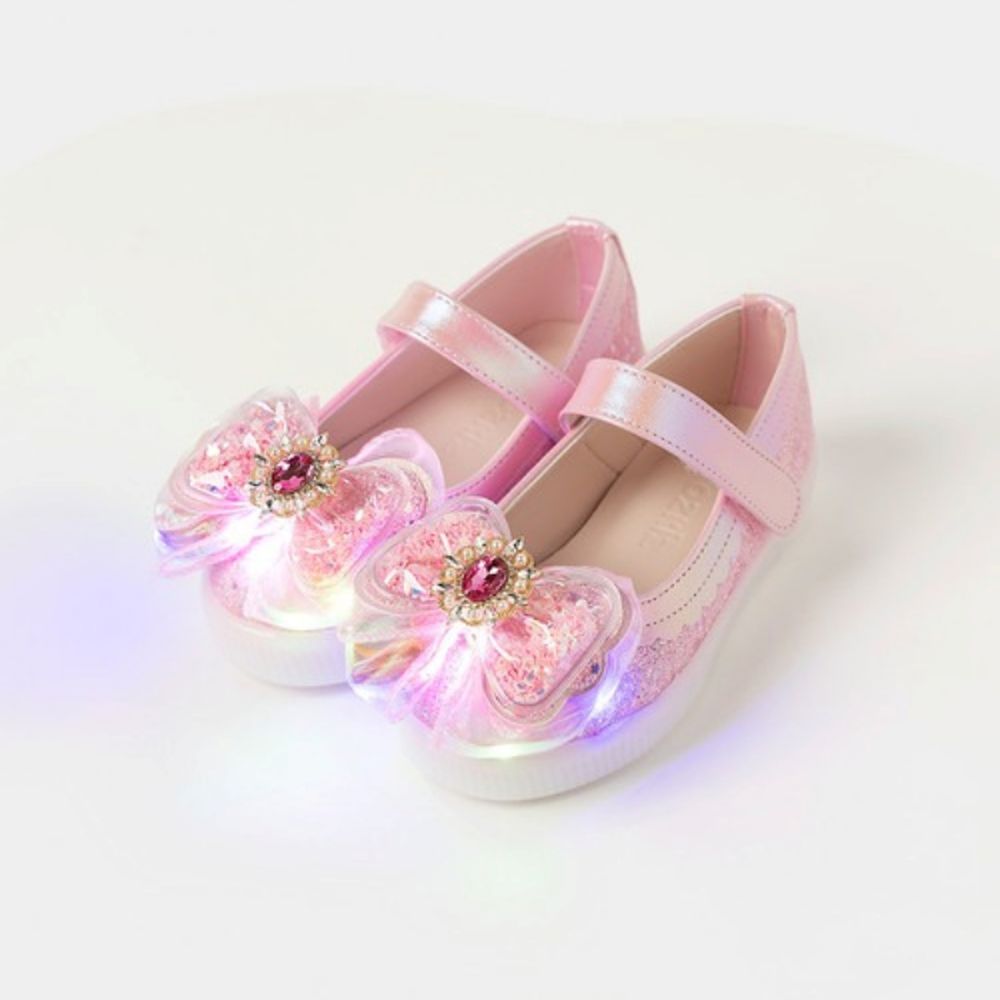 (LED)公主寶石蝴蝶結亮粉厚底鞋-粉