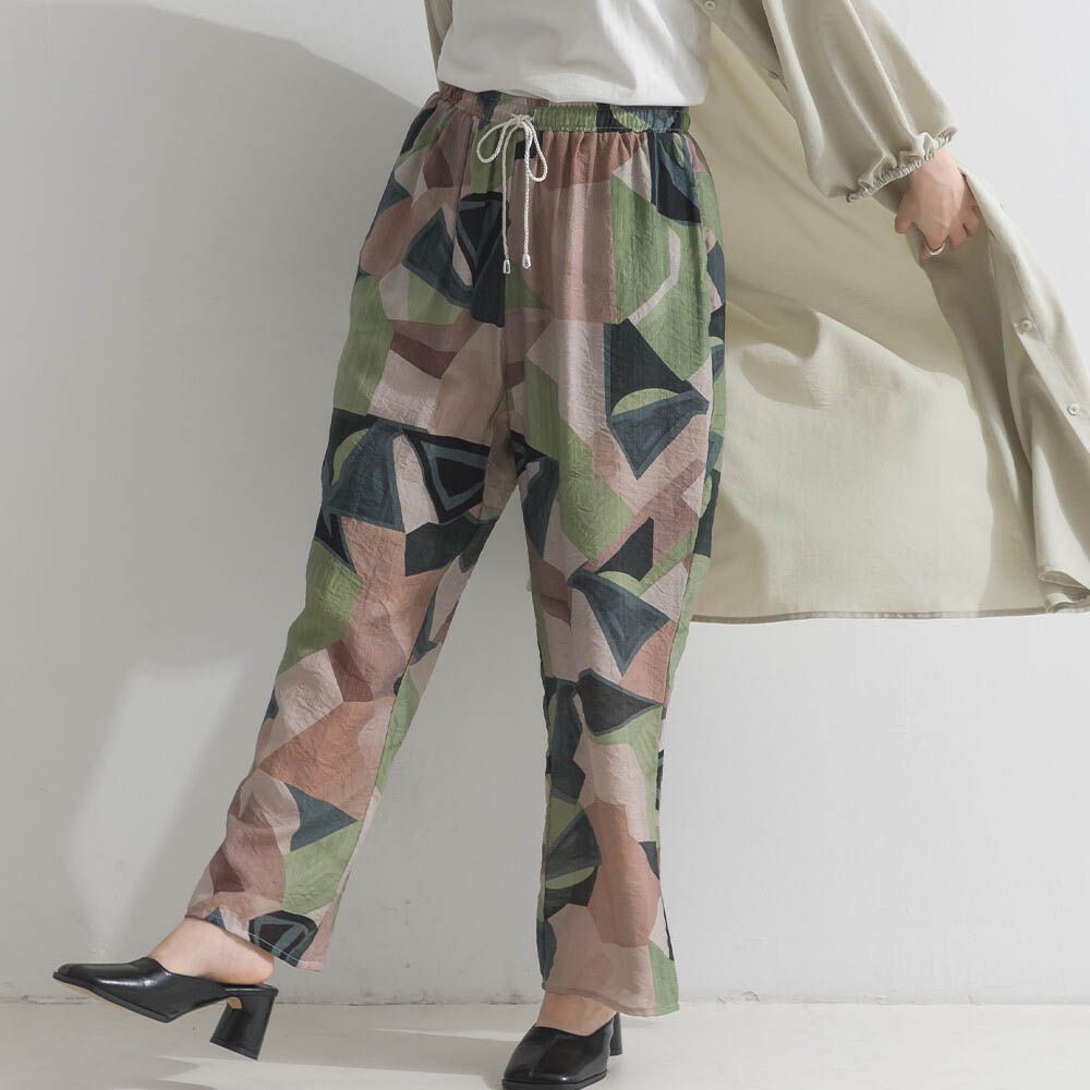[人氣款]個性派印花輕盈寬褲-幾何-綠x棕