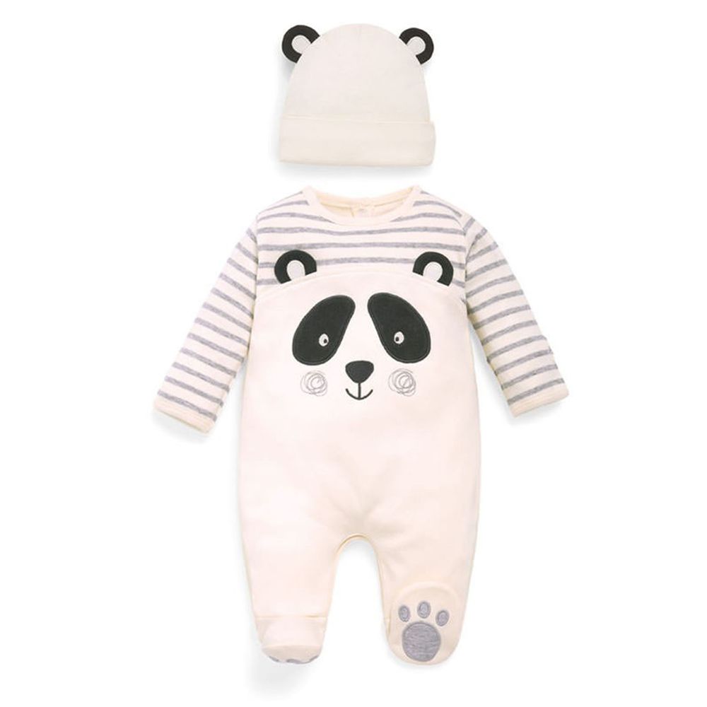 英國 JoJo Maman BeBe - 嬰幼兒長袖純棉包腳連身衣套裝組-可愛熊貓