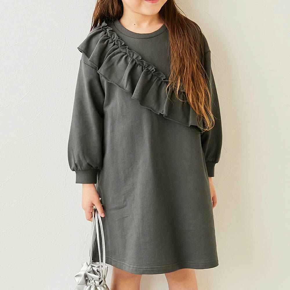 純棉甜美花邊縮口長袖洋裝-胸前荷葉-墨黑