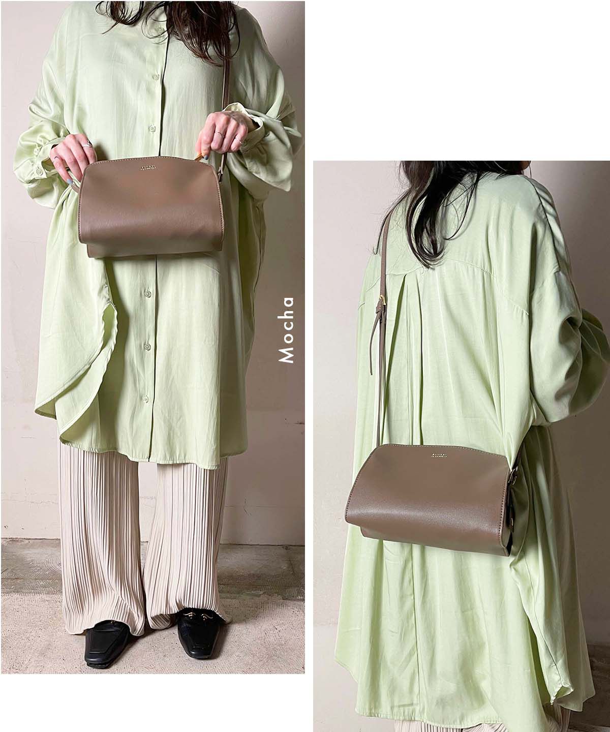 日本服飾代購 - 棉X仿皮異材質拼接簡約梯形側背包-摩卡 (17x23x10cm)