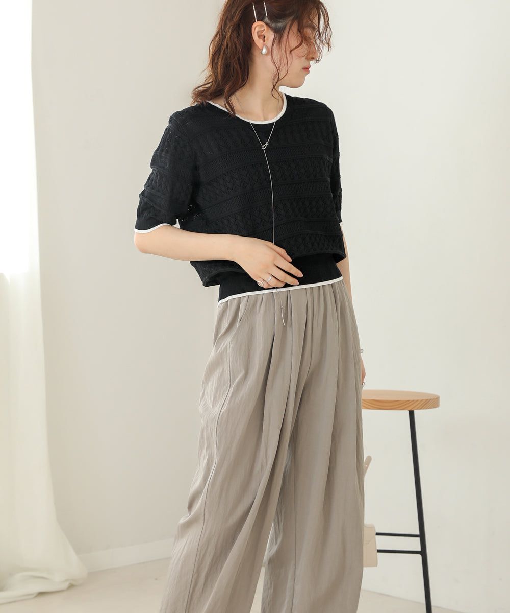 日本 Bab - 清新滾邊撞色針織上衣-淺黃