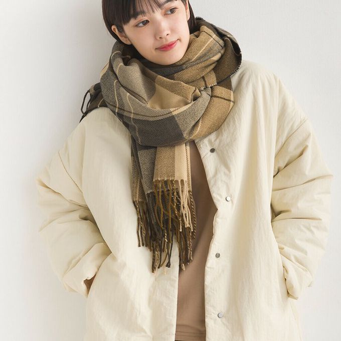 日本 OMNES - 羊毛混紡經典格紋圍巾披肩-N(奶茶x綠棕)