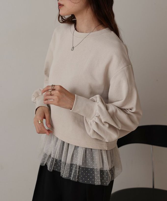 日本 Bab - 浪漫層次吊帶+裏毛上衣(2件組)-圓點薄紗-深灰