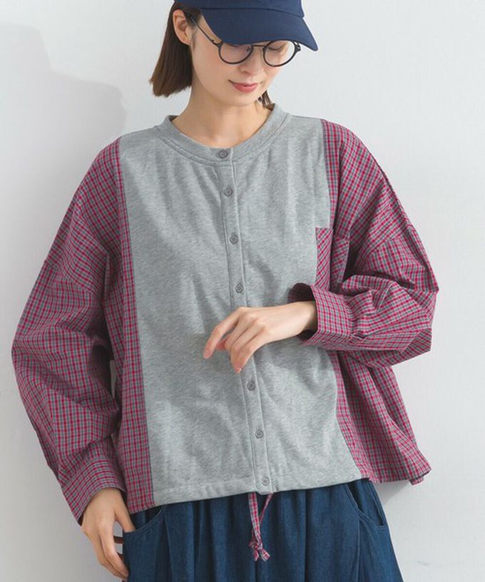 日本 Lupilien - 可愛格子拼接裏毛休閒襯衫-深灰x紅