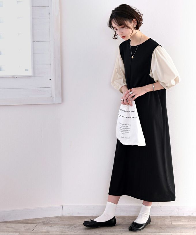 日本 Classical Elf - 優雅泡泡拼接袖修身洋裝-摩卡x米白