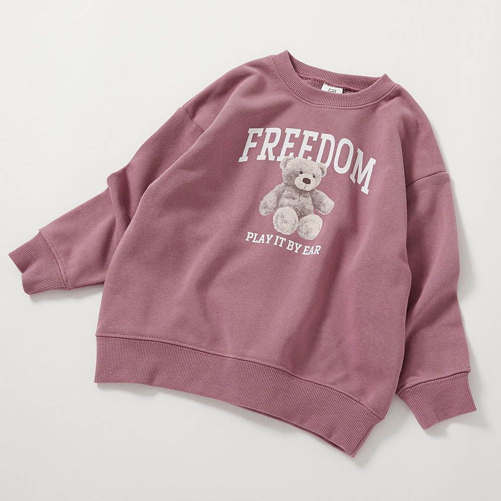 熱銷定番 女孩印花縮口長袖上衣-熊熊-灰粉