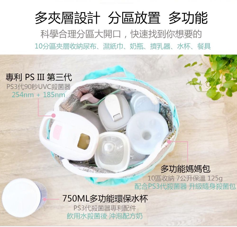 AcoMo - PS3旅行3件組 PS III 90秒可攜式奶瓶奶嘴消毒器-(90秒殺菌器+750ML環保水杯+媽媽包)-藍 (3件組)-850g