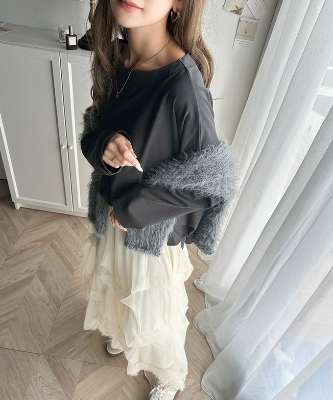 日本 Classical Elf - 一字領寬鬆落肩長袖T恤-米白