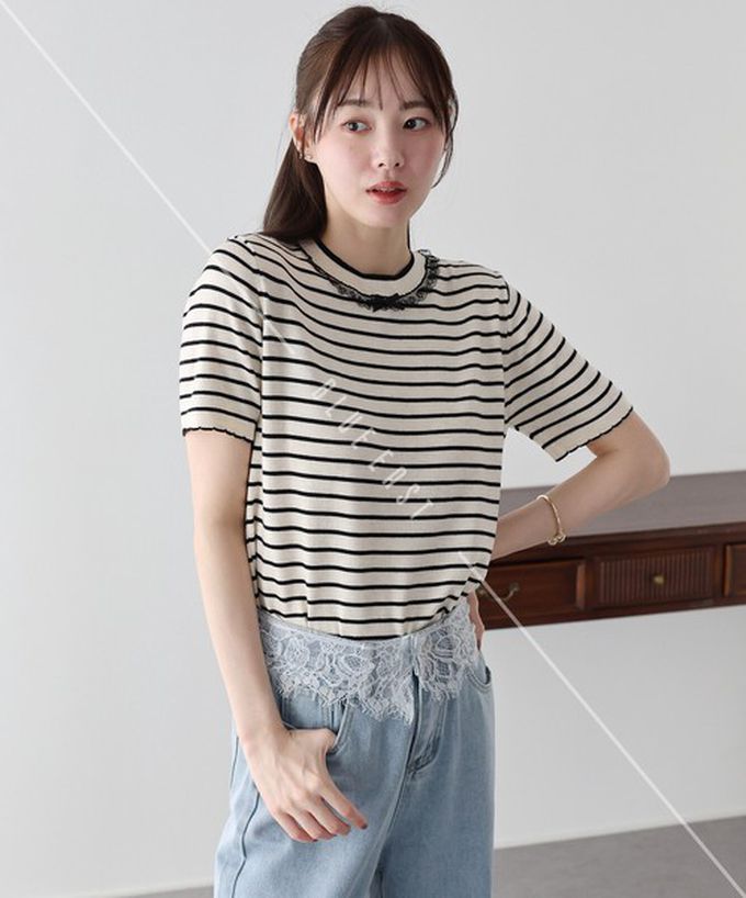 日本 BLUE EAST - 蕾絲蝴蝶結領條紋針織短袖上衣-海軍藍