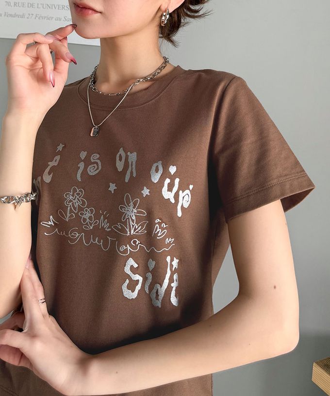 日本 Classical Elf - mily bilet 燙銀俏麗印花短袖上衣-咖啡