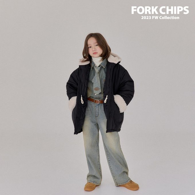 韓國 FORK CHIPS - 冬天保暖鋪棉長版連帽外套-黑