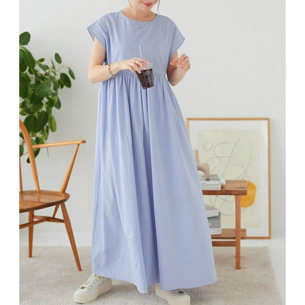 純棉清爽感2way領短袖洋裝(可選長度)-水藍