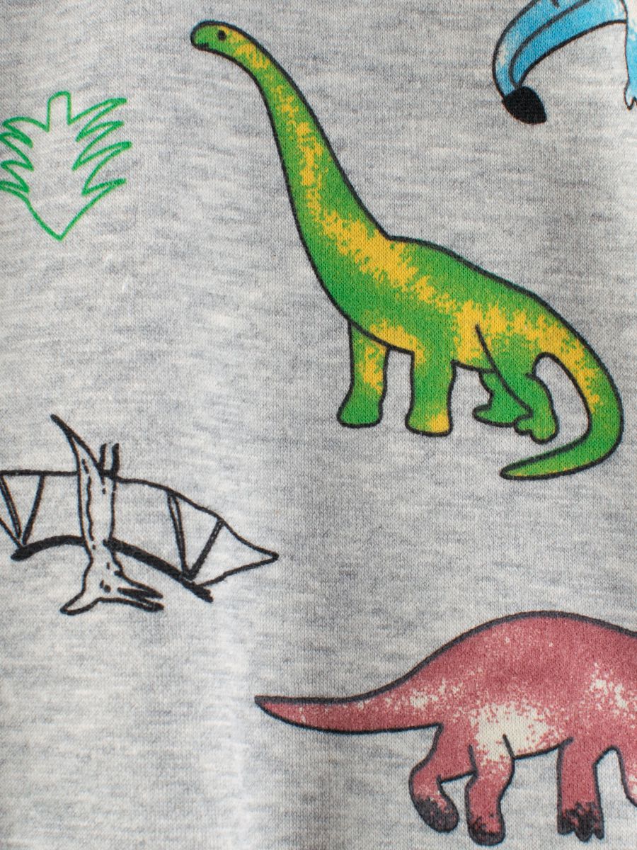 加絨棉質圓領長袖上衣/大學T-塗鴉恐龍-灰色