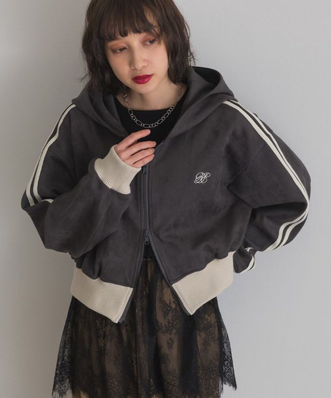 日本 ELENCARE DUE - 麂皮俐落雙拉鍊短版連帽外套-炭灰x米杏邊