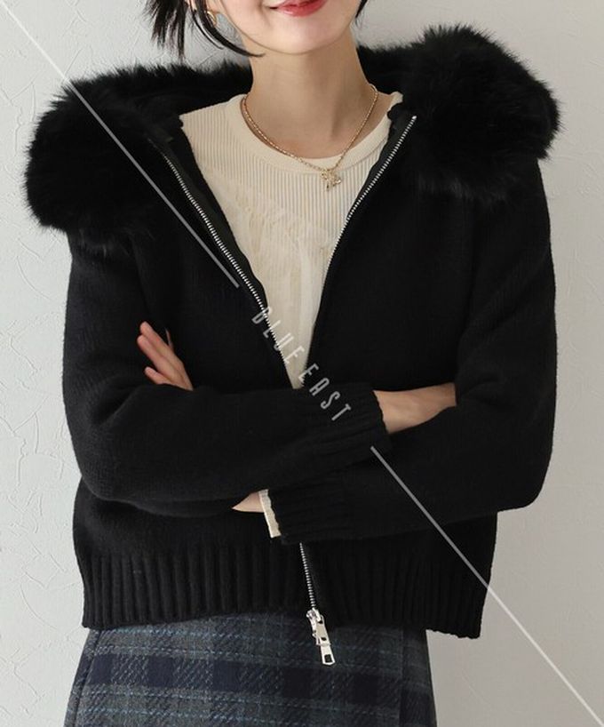 日本 BLUE EAST - 澎澎可愛毛絨帽雙拉鍊針織外套-黑