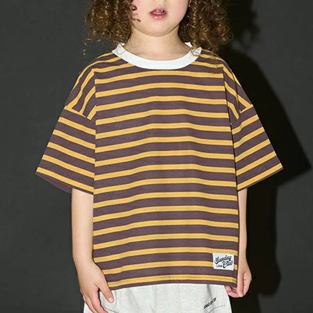 柔軟不易皺條紋落肩短袖上衣-黃x棕