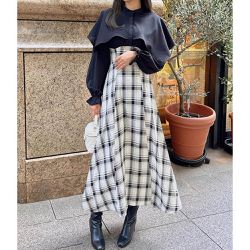 日本 GRL - 浪漫斗篷領高腰長袖洋裝-格紋拼接-象牙x黑