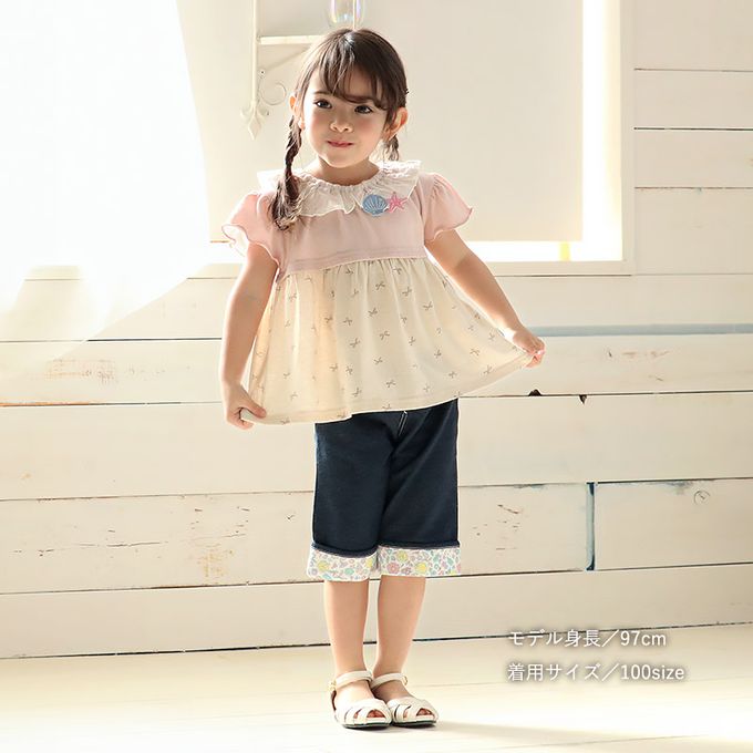 日本 ZOOLAND - 貝殼蕾絲領緹花短袖上衣-蝴蝶結印花-粉紅