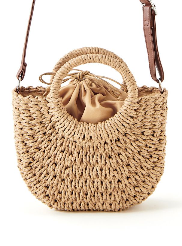 日本 GRL - 2WAY半月形草編手提包-米杏 (F)