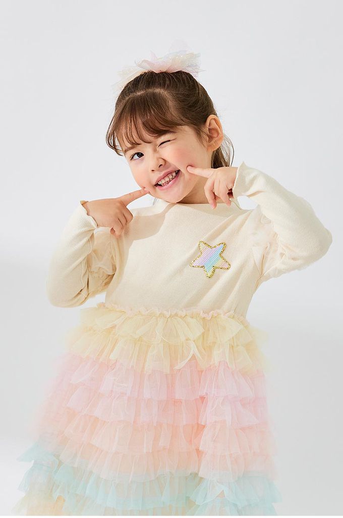 韓國 OZKIZ - 星星柔彩網紗拼接洋裝-奶油米