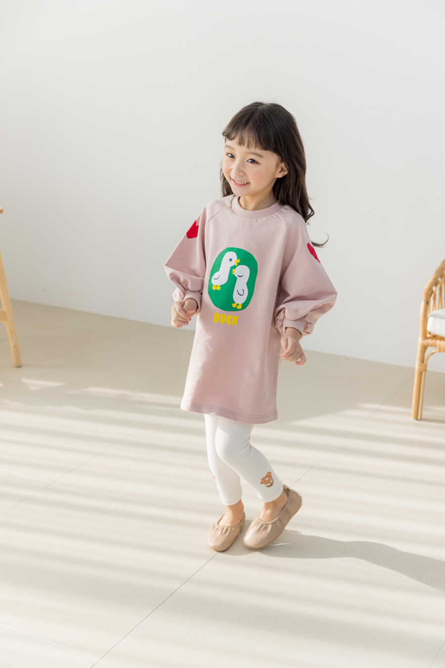 韓國 Orange Mom - 兩隻鴨鴨泡泡袖長版T-藕粉