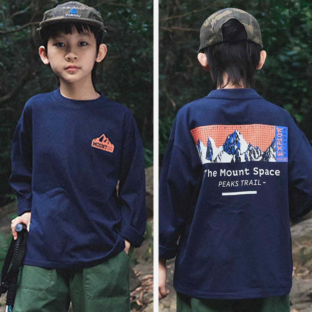 純棉圓領長袖上衣-風景印花-藏青