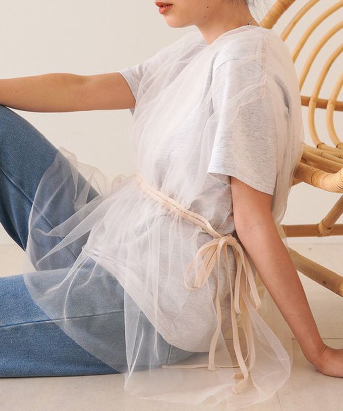 日本 Bab - 仙氣皺摺薄紗 腰綁帶短袖上衣-炭灰