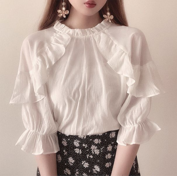 日本 GRL - 浪漫公主荷葉滾邊上衣-優雅黑 (F)