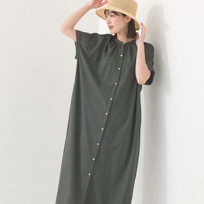 日本 OMNES - 接觸涼感 氣質金釦襯衫式短袖洋裝-明亮黃