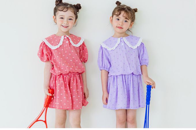 韓國 Bebezoo - 愛心細格荷葉翻領短袖套裝-紫