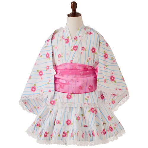 日本服飾代購- 100%棉改良式澎澎裙和風浴衣3件組-川流櫻-藍白｜媽咪愛