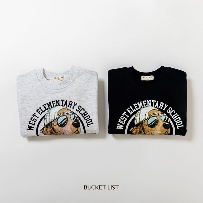 韓國 BUCKET LIST - 美式休閒圓領長袖大學T-墨鏡狗狗-灰白