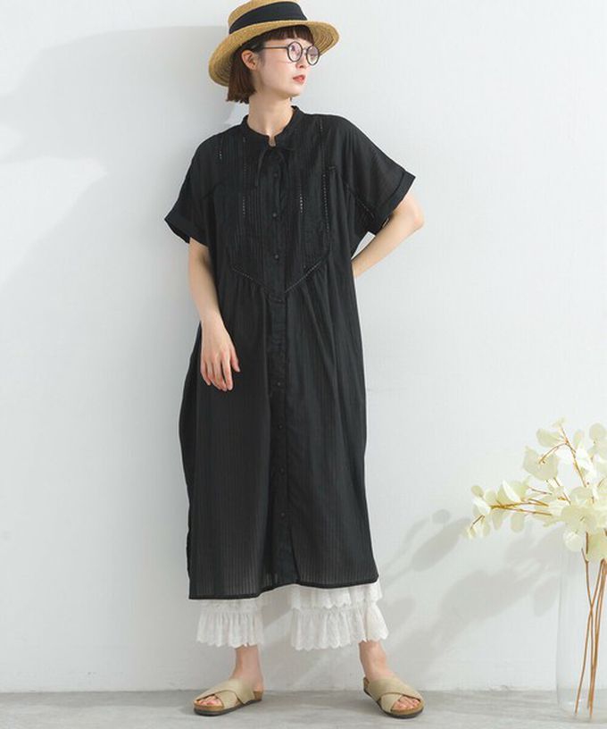 日本 Lupilien - 100%印度棉 細緻鏤空蝴蝶結短袖洋裝-卡其棕