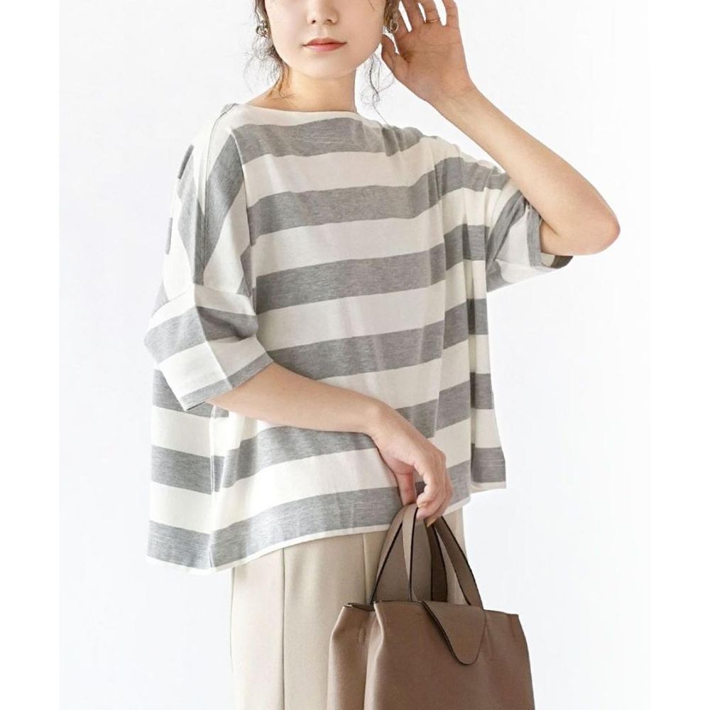 日本 zootie - 顯瘦修身設計 粗條紋五分袖上衣-灰