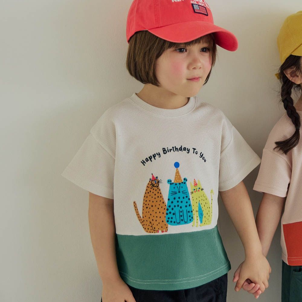 慶生豹喵撞色短袖上衣-米X綠