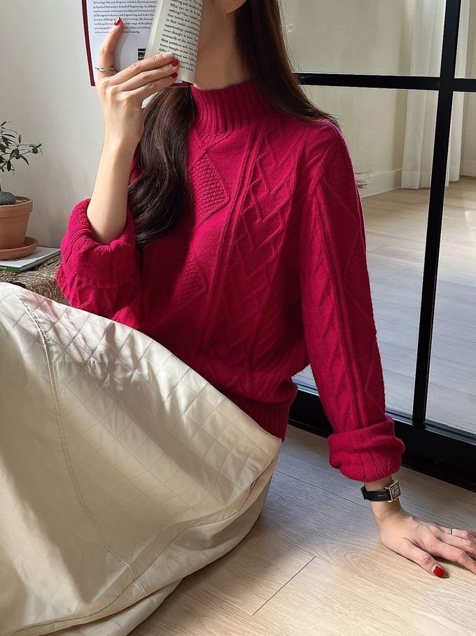 韓國女裝連線 - 立體紋路中領針織長袖上衣-燕麥米 (FREE)