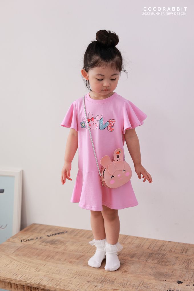 韓國 Coco rabbit - (附包包)立體兔耳裝飾短袖洋裝-LOVE印-紫