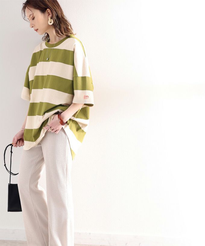 日本 Classical Elf - Java 純棉寬條紋落肩五分袖上衣-咖啡x米杏