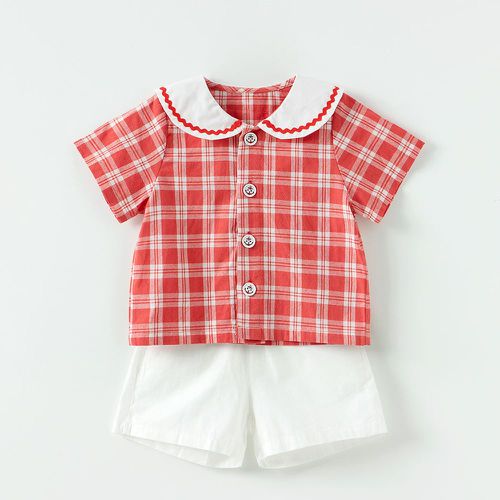 韓國 OZKIZ - 水手格紋短袖短褲套裝-紅X白