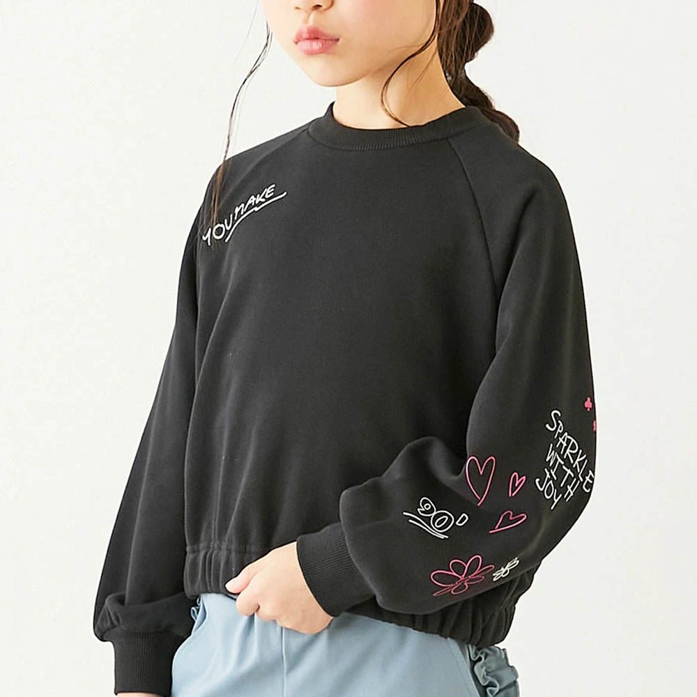 可愛女孩印花縮口長袖上衣-塗鴉LOGO-個性黑